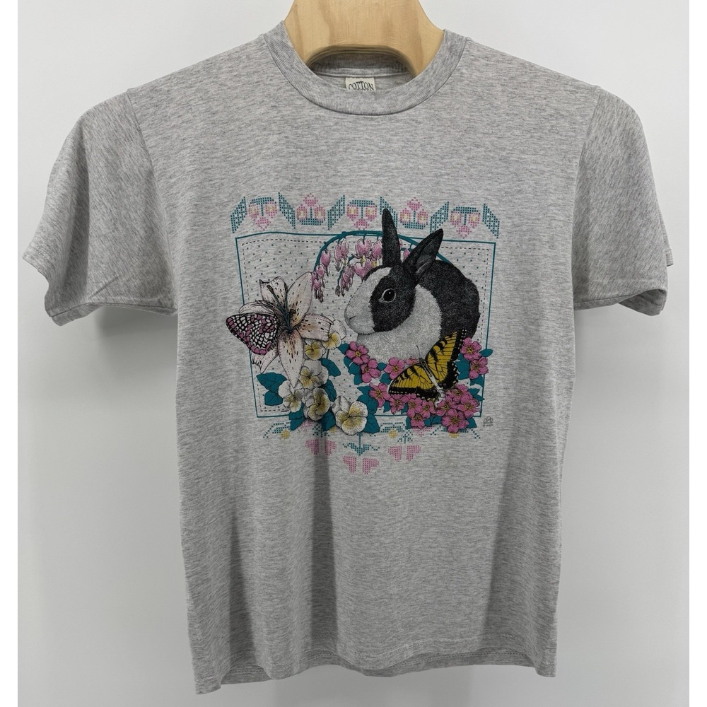 Vintage 90s Cotton Grove Designs Bunny & Butterflies T-Shirt Size L Made in USA